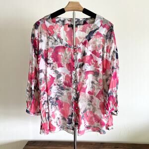 ZOZO Pink Tan Gray White‎ Watercolor Abstract Silk Button Up Top Womens L
